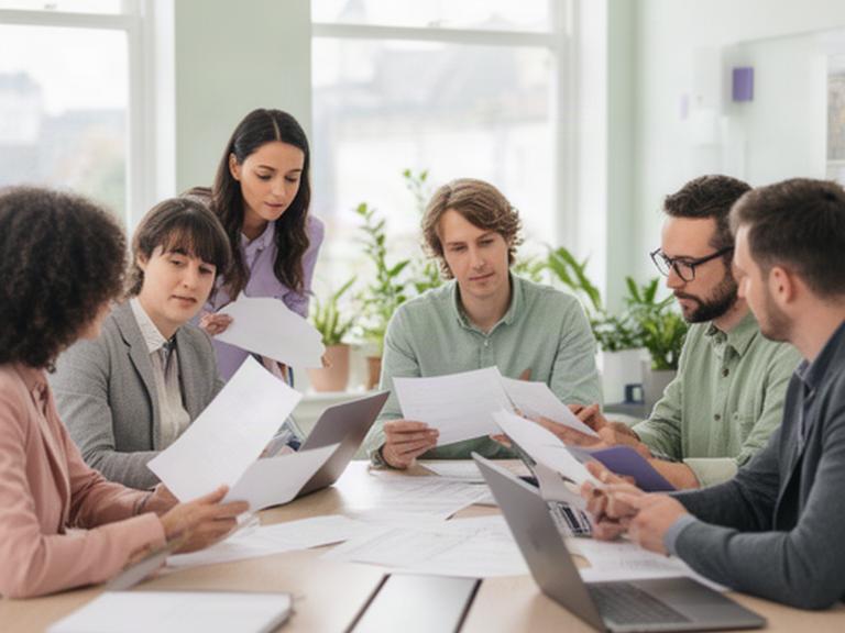 Research team reviewing documents around a table in a bright Worthing office